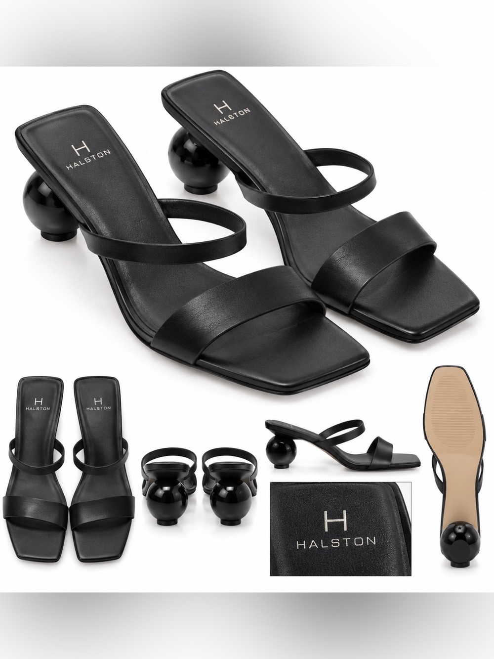 Halston Heritage Black Double-Strap Square-Toe Kitten Ball-Heel Sandal Size 8